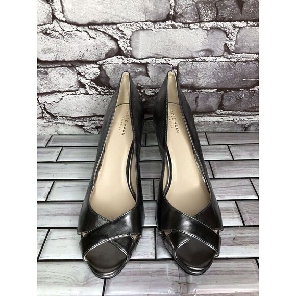 Cole Haan Silver Metallic Leather Peep Toe Pumps Stiletto Heels Women Sz 8.5B US - Picture 3 of 16